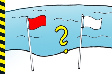 Rysunek: dwie flagi - czerwona i biała - na tle niebieskiej wody